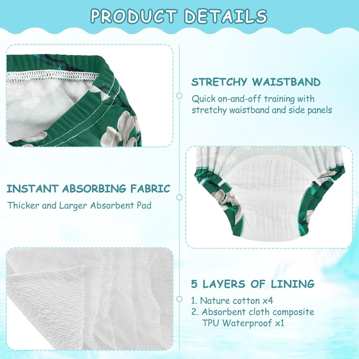 Little Boys Potty Training Pants Reusable Feral Magnolia Emerald Green Night Time Potty Training Underwear