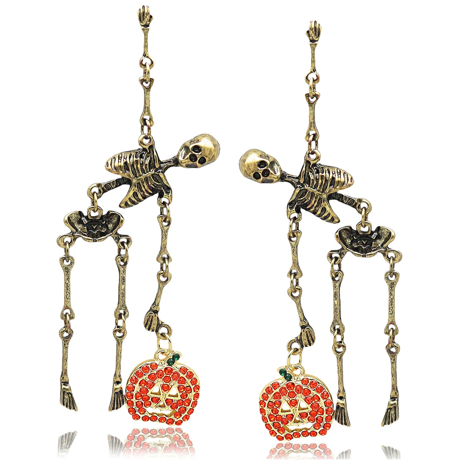 RechicGu Halloween Jointed Skeleton Pumpkin Earrings for Women Gothic Swing Hand Skull Dangle Earrings Crystal Pumpkin Earring for Halloween Costume Accessories Cosplay Jewelry Gift