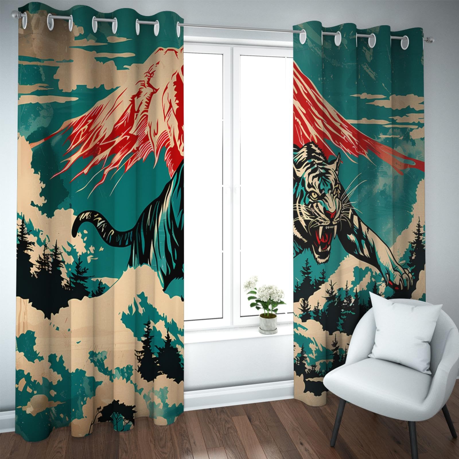 Anime dekoracje okienne Ukiyoe zasłony w japońskim stylu, zaciekły wzór tygrysa, przelotki, izolacja termiczna, zasłony 2 panele wys. 600 x szer. 140 cm