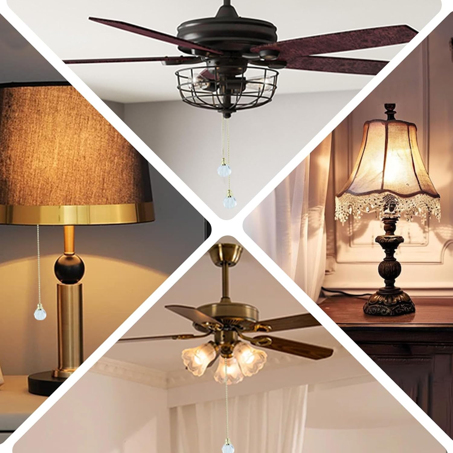 2 Pcs Ceiling Fan Pull Chain Ornaments 12 Inches Light Pull Beaded Chains with Clear Acrylic Prism Ball Pendant Decorative Extension with Connector(Gold)