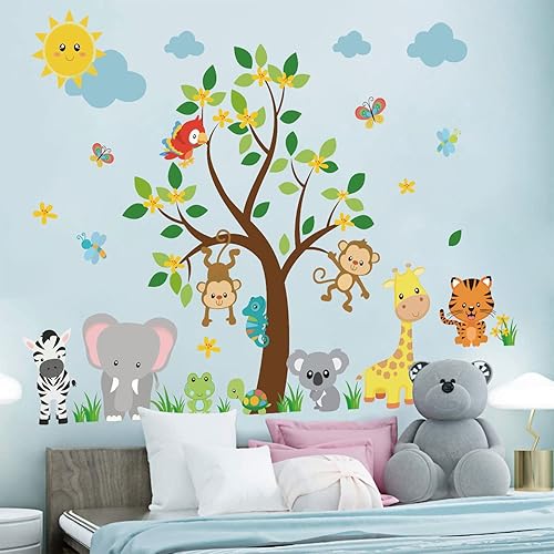 Miniatura 6 de Supzone Calcomanías de pared de animales de la selva calcomanías de pared de árbol de mono jirafa cebra vinilo de animales del bosque calcomanías de