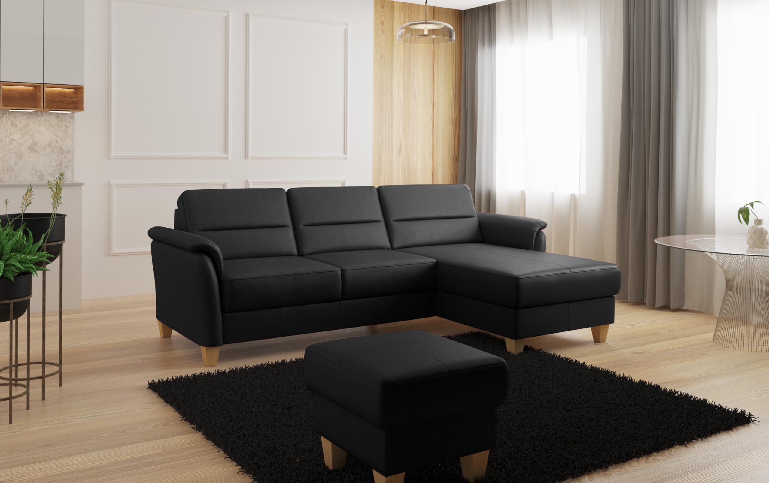 CAVADORE Leder-Eckcouch Palera mit Longchair / Landhaus-Sofa mit Federkern + massiven Holzfüßen / 244 x 89 x 163 / Leder Schwarz