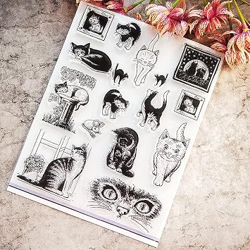 Cats Clear Stamps Silicone Stamp Cards with Sentiments, Cat Animal Transparent Seal Stamps for Holiday Card Making Decoration and DIY Scrapbooking Album DIY Crafts