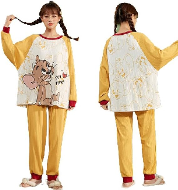 Amazon パジャマ トムとジェリー アニメキャラクター 寝巻き レディース 春夏秋冬 部屋着 ルームウェア 防寒 もこもこ あったか イエロー ジェリー 長袖 長ズボン 男女兼用 おしゃれ 可愛い おもしろ 誕生日 クリスマス プレゼント パジャマ ルームウェアセット 通販