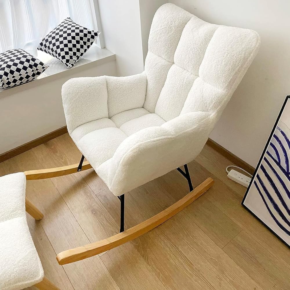 Upholstered Rocking Chairs Nursery Rocking Chair Mid Century Modern Teddy Fabric Tufted Adults with Stool for Nursery Living Room Bedroom Armchair Reading Chair