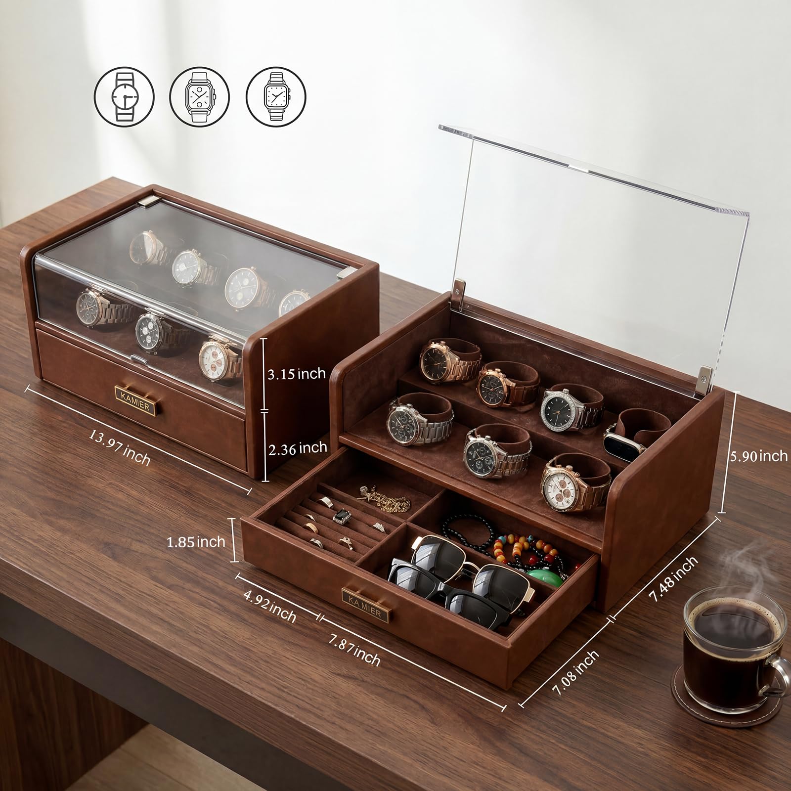 KAMIER Boîte à Montres à 7 Emplacements, Vitrine à Montres en Cuir PU | Avec Couvercle en Verre & Tiroir, Doublure Intérieure en Velours Doux, Rangement Premium pour Montres, Lunettes et Bijoux