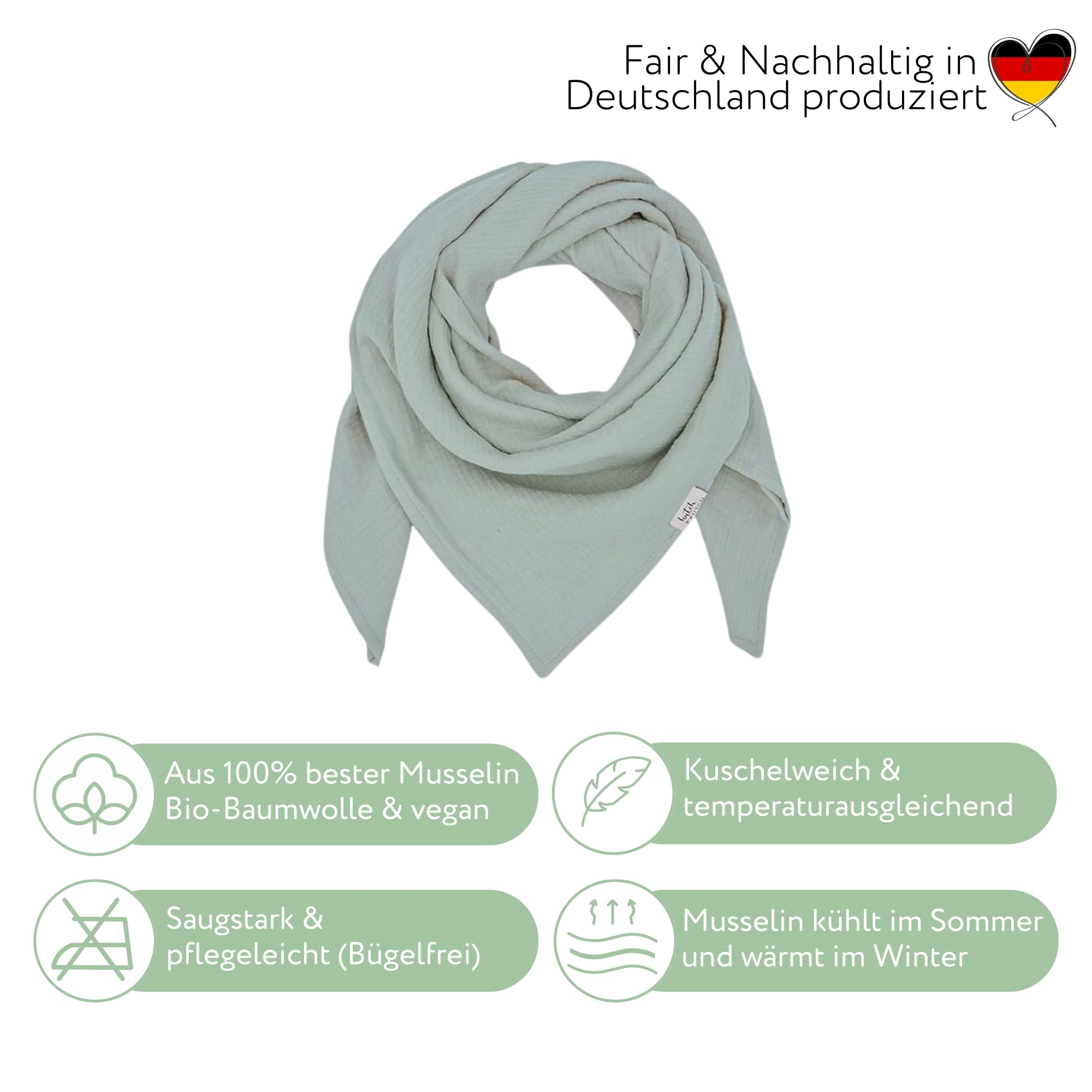 Neu hutch&putch Musselin-Halstuch Unisex 135cmx135cm - Dreieckstuch Erwachsene aus Bio Baumwolle - Schal für Erwachsene - weiches Musselin Halstuch