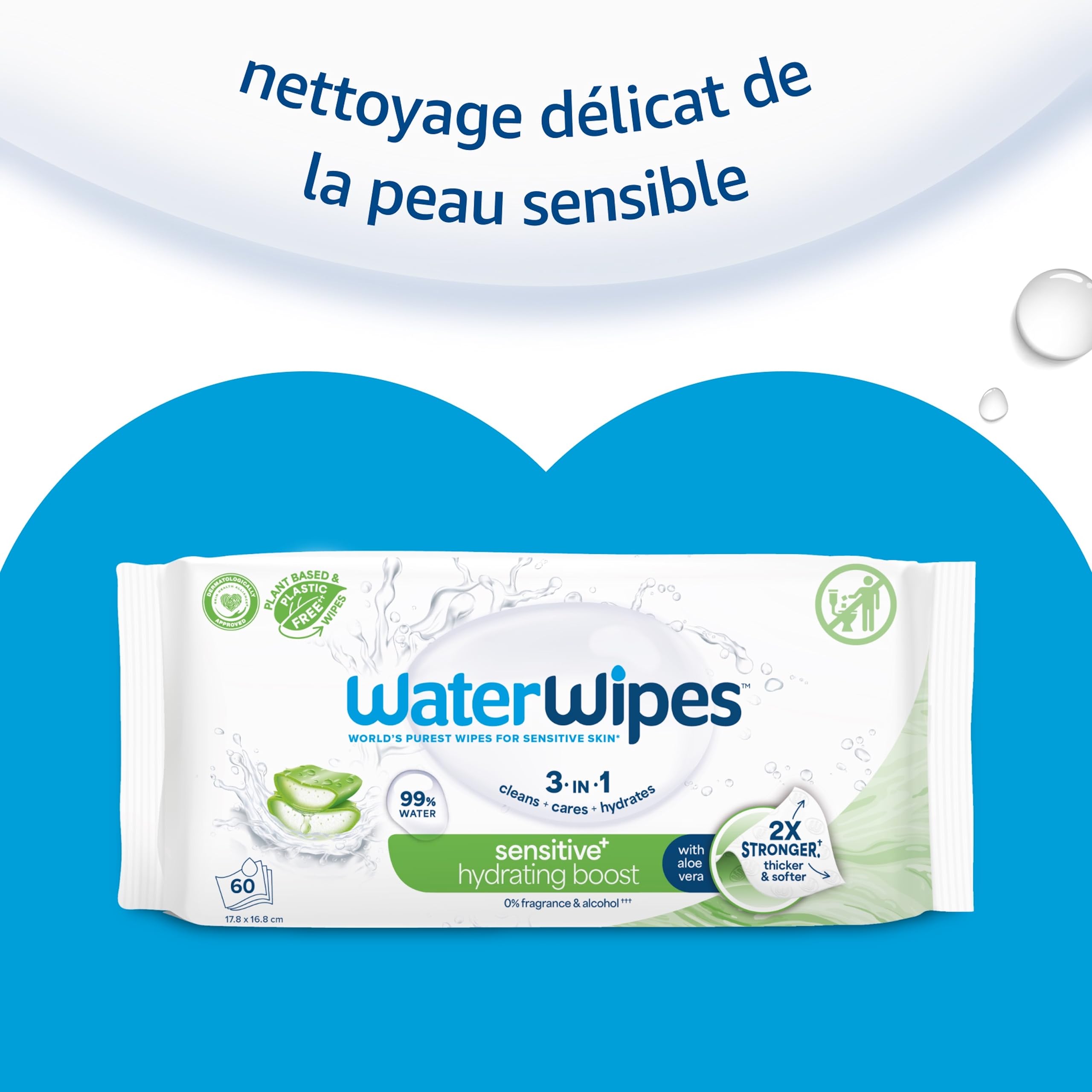 WaterWipes Sensitive+ Hydrating Boost Wipes, Lingettes Hydratantes, 360 unités (1 paquets), 3-en-1 nettoie, soigne, hydrate, 99% d'eau avec aloe vera, non parfumées