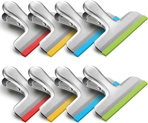 HOUSE AGAIN Paquete de 8 clips de acero inoxidable para bolsas de virutas cubiertas con silicona, no más bordes afilados, codificados por colores