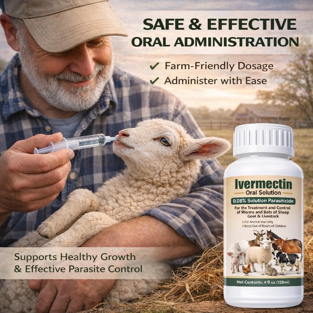 HSL Ivermectin 0.08% Liquid for Sheep, Goat, Poultry & More, Supports Gut Health, Immune & Digestive Support, All-Worm Formula for Tapeworms, Roundworms & Hookworms, Overall Vitality, 120ml