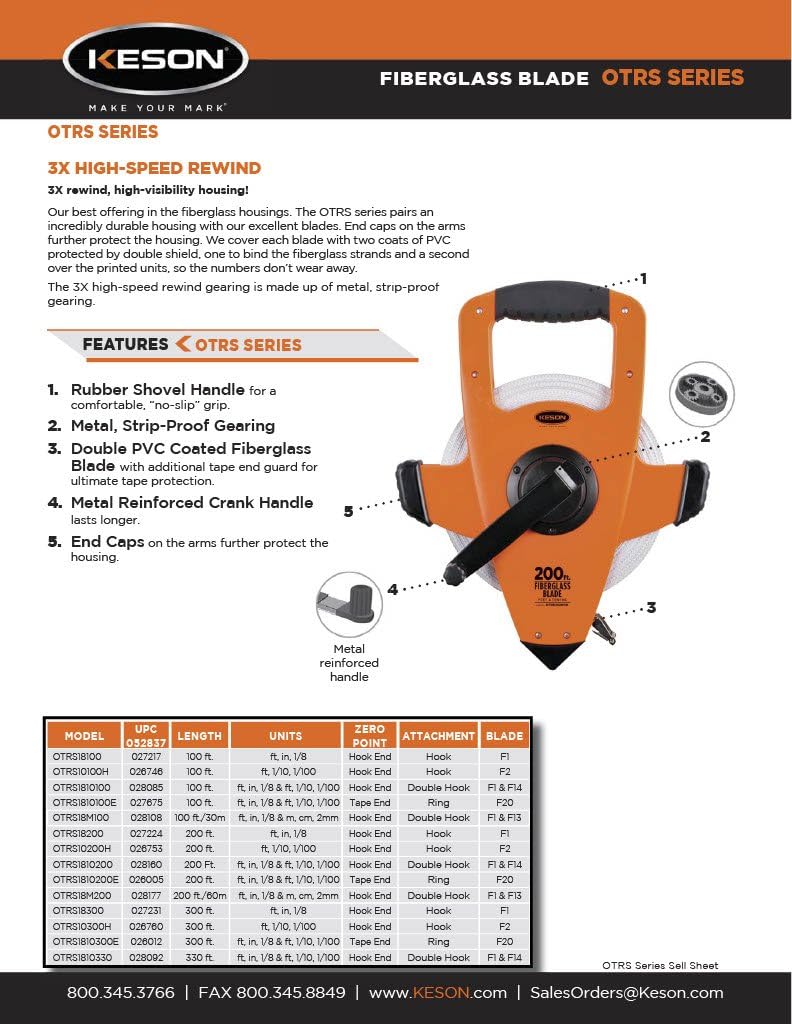 Keson OTRS1810330 Fiberglass Measuring Tape with Double Hook, Speed Rewind (Graduation: ft., in, 1/8 & ft., 1/10, 1/100), 330-Foot