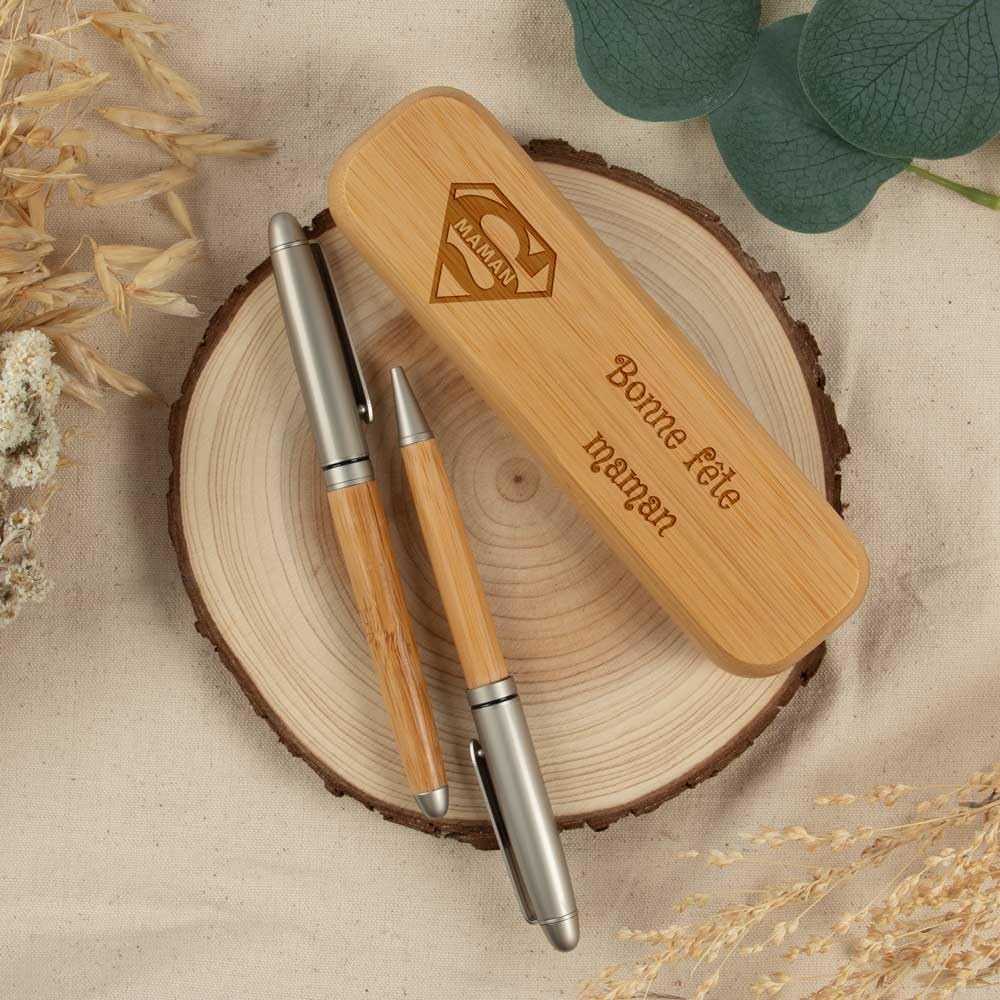Ocadeau Coffret 2 stylos en bois personnalisé gravé – Gravure texte sur le coffret -Stylo bille et stylo roller