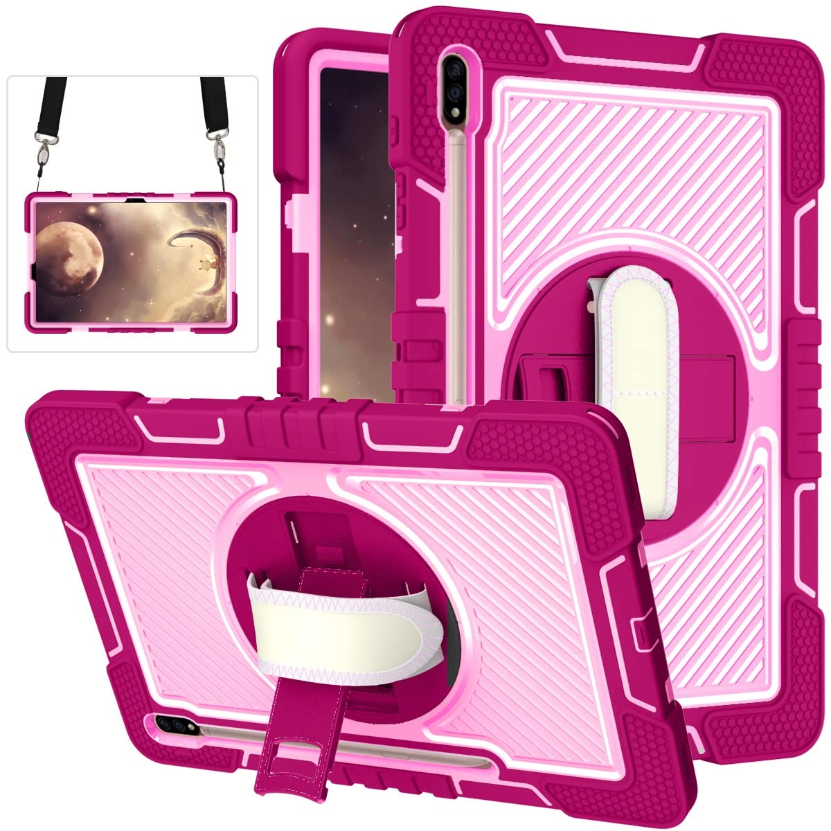 For Samsung Galaxy Tab S8 Plus 12.4 pulgada 2022 / S7 Fe . Pulgada 2021 y TAB 124 '' 2020 Tapa protectora duradera a prueba de golpes Duradera 360 grados Caja soporte giratorio la tableta(Rose Red+Pink)