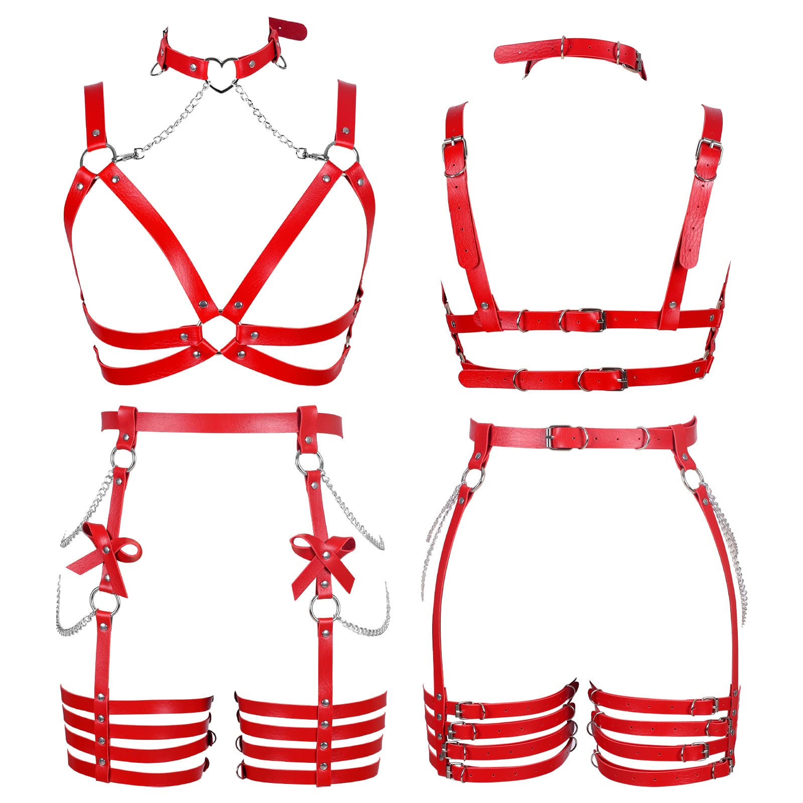 Womens Harness Leather Body Chain Bowknot Lingerie Garter Belts Set Hollow Out Christmas Dance Fashion Clothing: BANSSGOTH Womens Harness Leather Body Chain Bowknot Lingerie Garter Belts Set Hollow Out Christmas Dance Fashion Clothing