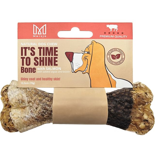 MERSJO Hueso de Perro Natural con salmón, 13,5 cm, 70 g, para Piel Brillante y Saludable