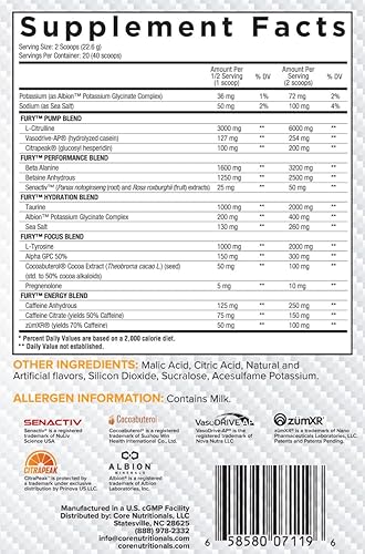 Vista 19 de Core Nutritionals Fury V2: Polvo de pre-entrenamiento para maximizar el rendimiento en el gimnasio con cafeína Zum-XR®, L-CItrulina y Alpha GPC