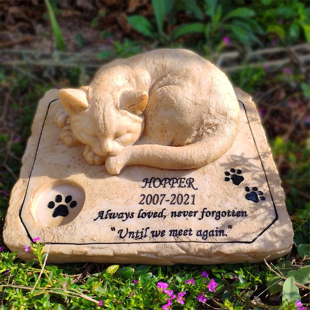 Aveena Cat Memorial Stones Garden Stones, Personalized Cat Memorial Headstones Grave Markers with A Sleeping Cat Statue On The Top, Loss of Cat Memorial Gifts Sympathy Gifts Outdoors, 8"×6.5"×3"