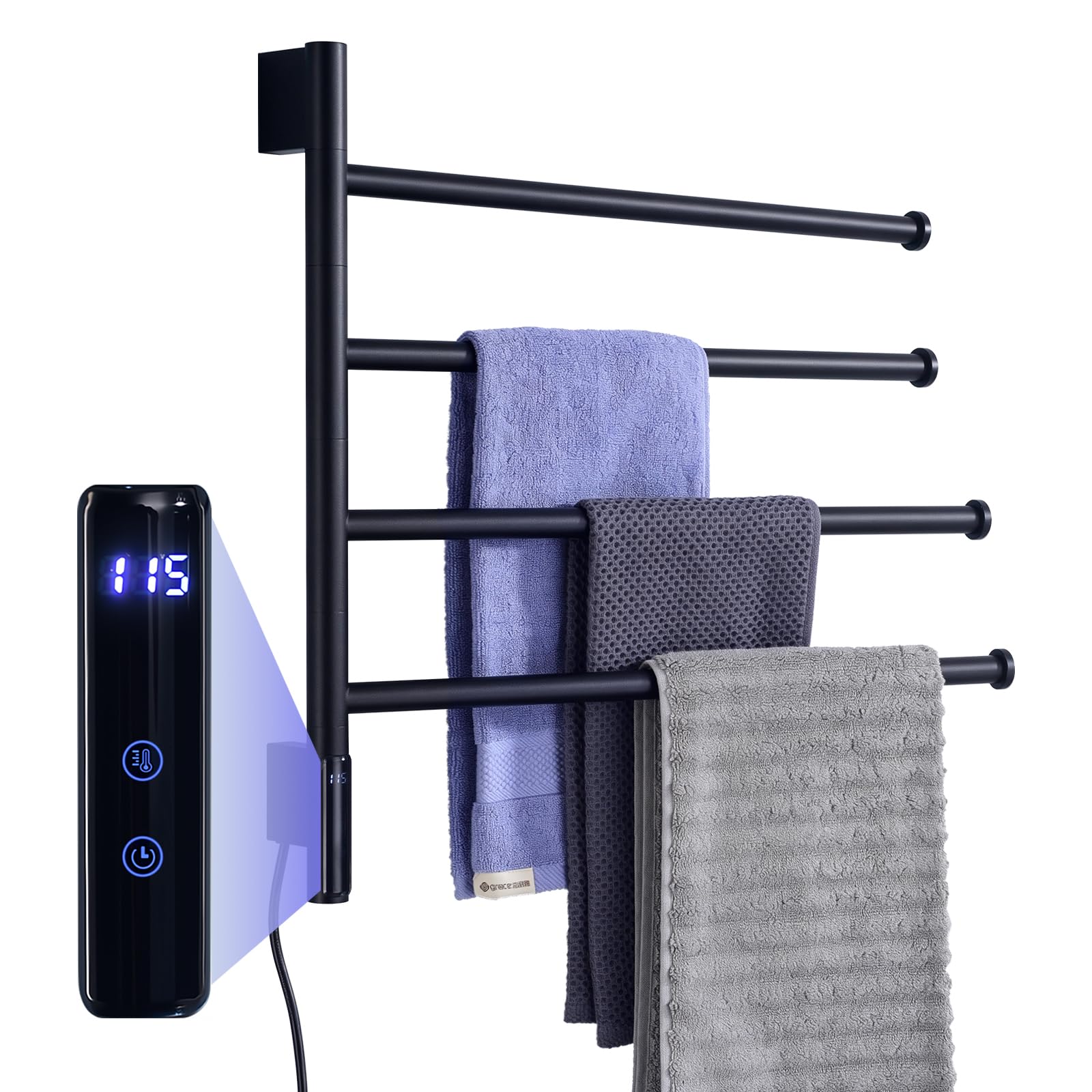 Calentador de toallas negro mate TRUSTMI de diseño exclusivo con 4 brazos y panel LED