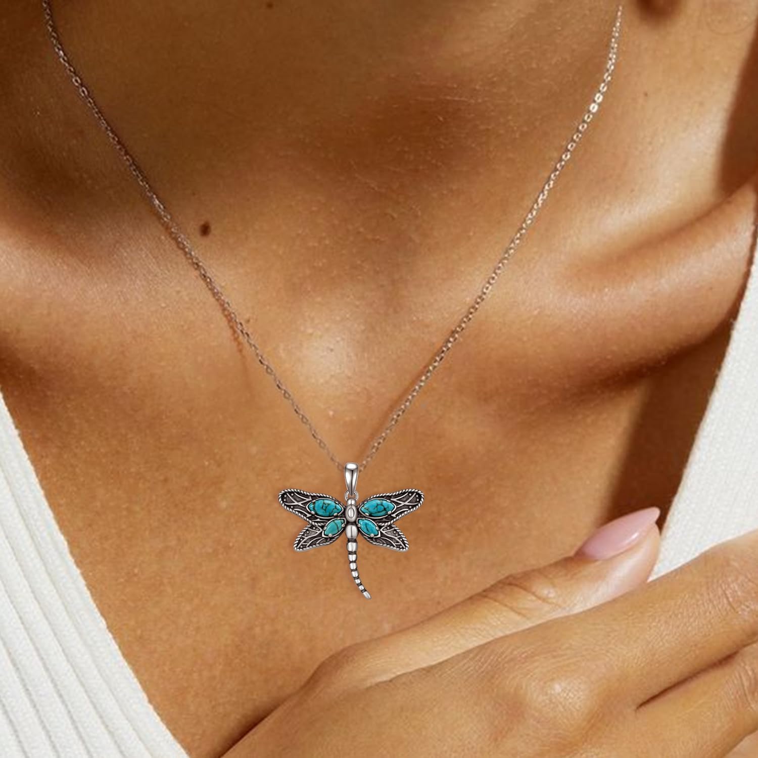 Genuine Turquoise Necklaces for Women 925 Sterling Silver Dragonfly Western Pendant Necklace Real Turquoise Jewelry for Women - Image 6