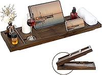 FunMemories Teak Bathtub Caddy Tray - Expandable Luxury Bath Shelf with Wine Glass, Phone, Book Holders - Water-Resistant Dark Walnut Spa Accessory