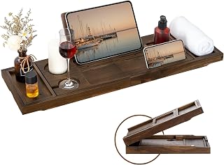 FunMemories Teak Bathtub Caddy Tray - Expandable Luxury Bath Shelf with Wine Glass, Phone, Book Holders - Water-Resistant Dark Walnut Spa Accessory