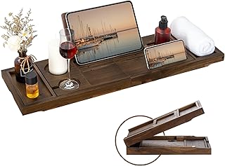 Teak Bathtub Tray - Luxury Bath Tray with Expandable Handles, Wine Glass...