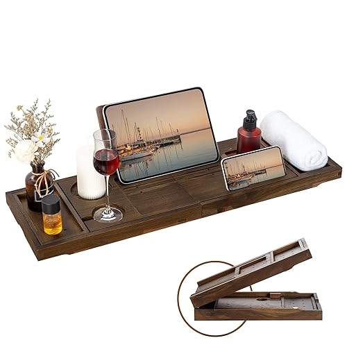 Teak Bathtub Tray - Luxury Bath Tray with Expandable Handles, Wine Glass and Phone Holders, Book Stand - Perfect for Home Spa Relaxation and Reading - Natural Bath Accessories - Dark Walnut Color - Dark Walnut