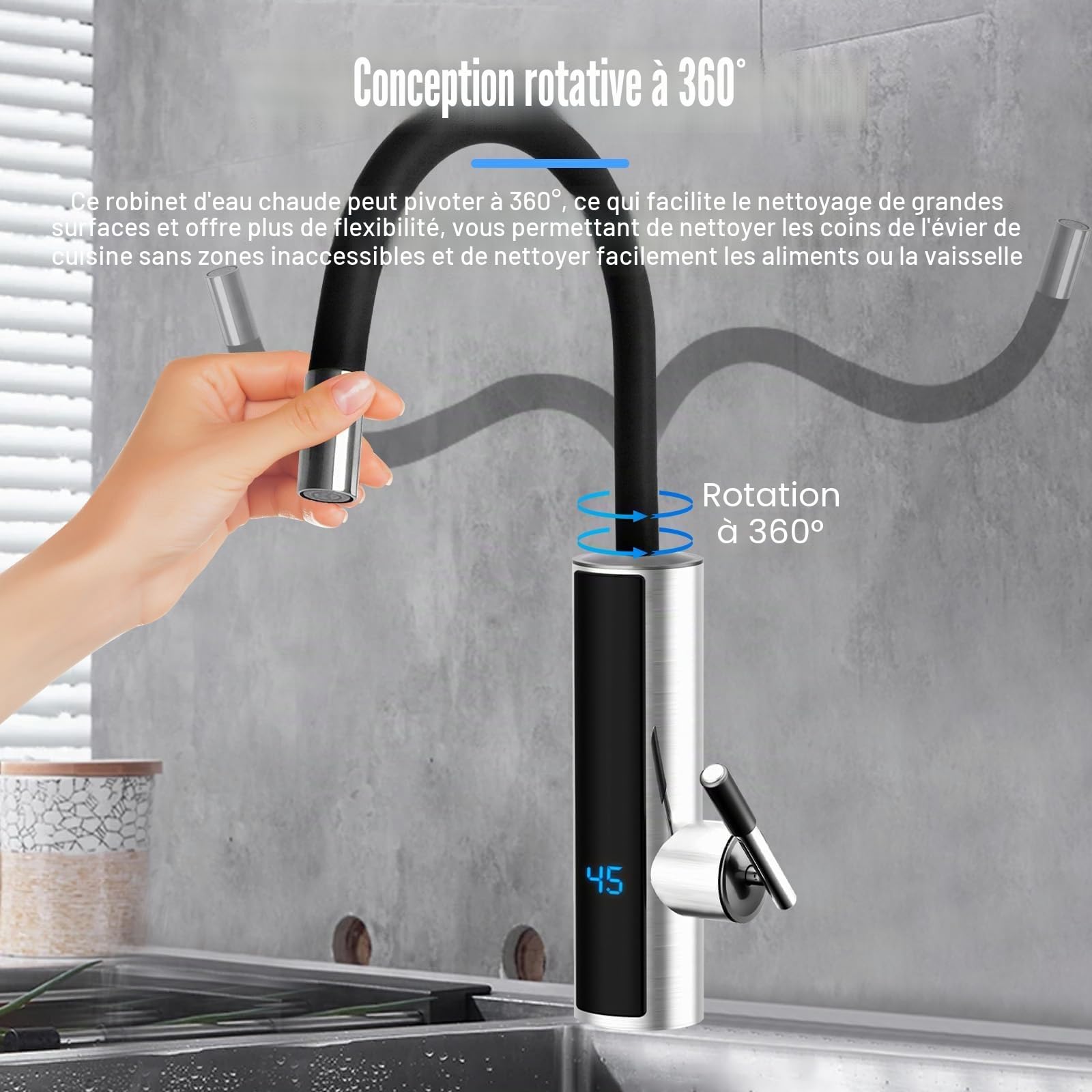 Robinet de chauffe-eau instantané sans réservoir 3000 W 220 V Robinet d'eau chaude électrique pour salle de bain 3 secondes avec affichage numérique de la température (noir)