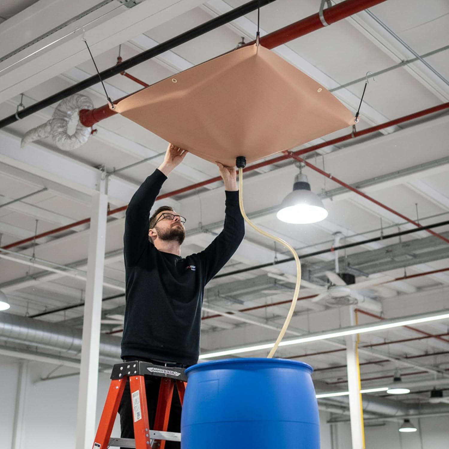 GARVIN Ceiling Leak Diverter Tarp 3' x 3' - Heavy Duty 420D Oxford Roof Rain Diverter with 10ft Drain Hose, Rain Diverter for Roof Water Leak, Khaki