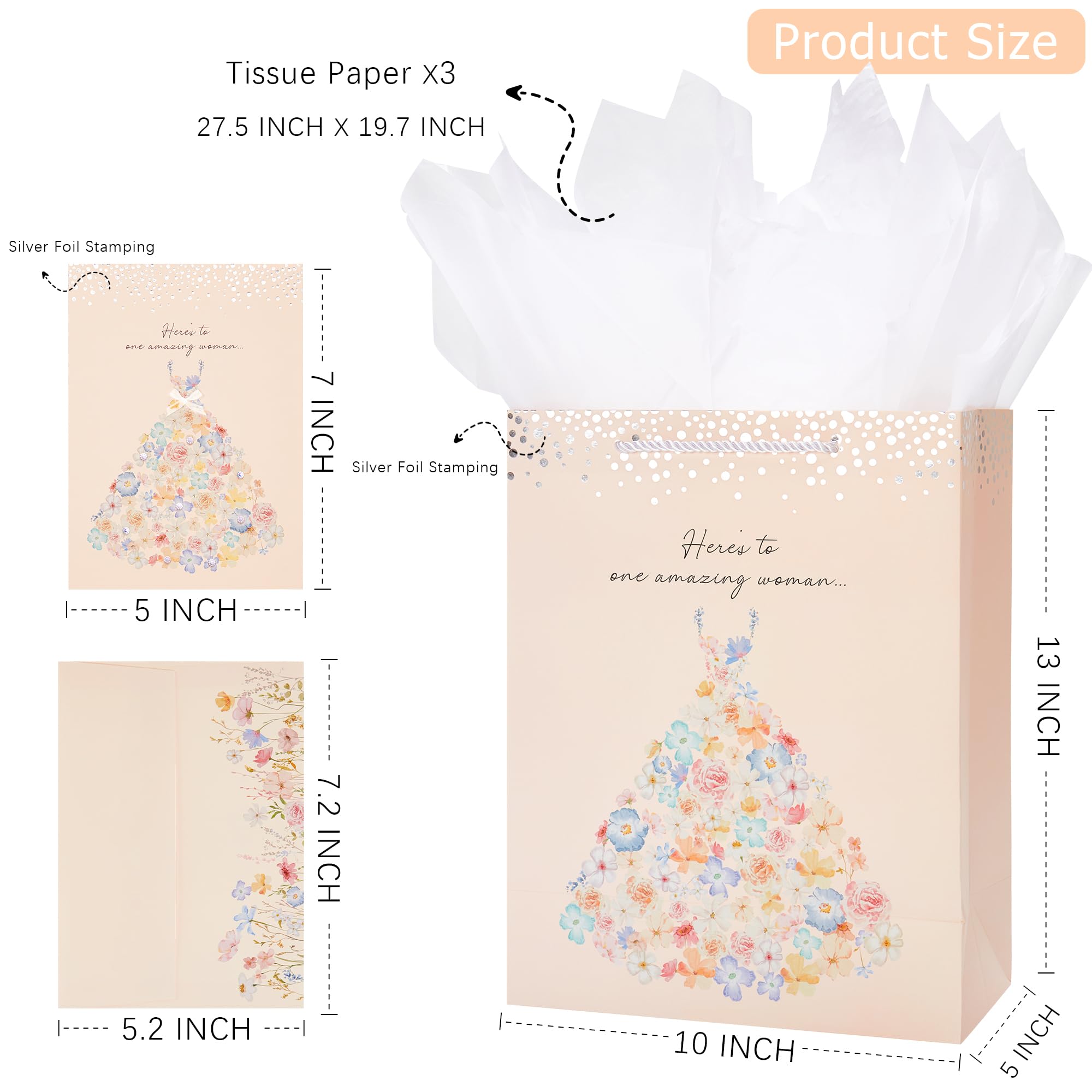 Crisky 13" Large Bridal Shower Bag with Cards Gift Bag with Tissue Paper, Gift Card(Here's to One Amazing Women) for Wedding, Bridal Shower, Engagement Party