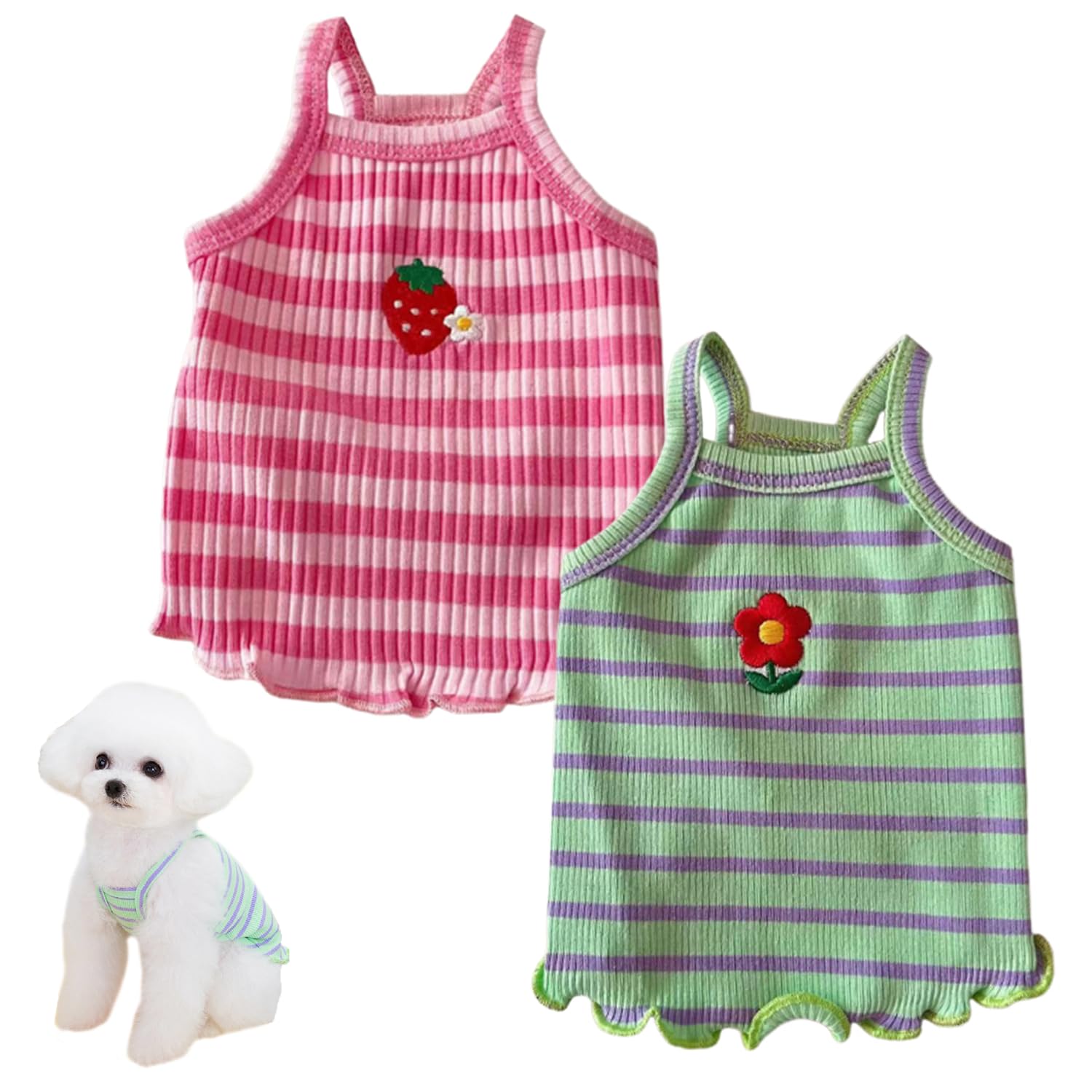 POPONA 2PCS Striped Dog Dress for Small Dogs, Stretch Cotton Pet Clothes with Embroidered Flower, Lightweight Puppy Outfit for Girl Dogs and Cats,