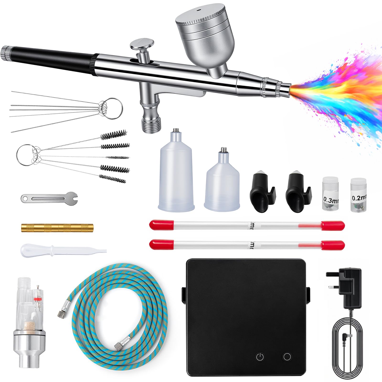 Professionele Airbrush Set Met Compressor – Instelbare Druk 28/38/48 PSI, 0, 2/0,3/0,5 mm Sproeiers – Voor Nagels, Make-Up, Taartdecoratie, Body Art & Modelbouw