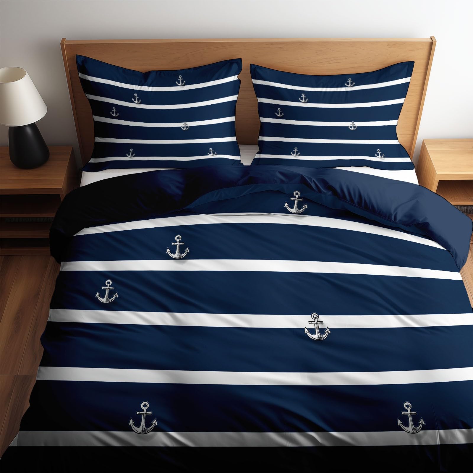 Housse de Couette Bleu Marine Blanc Rayures Parures de lit 220 x 240 cm Garçons Filles Adulte Ado, Parure de Lit Microfibre
