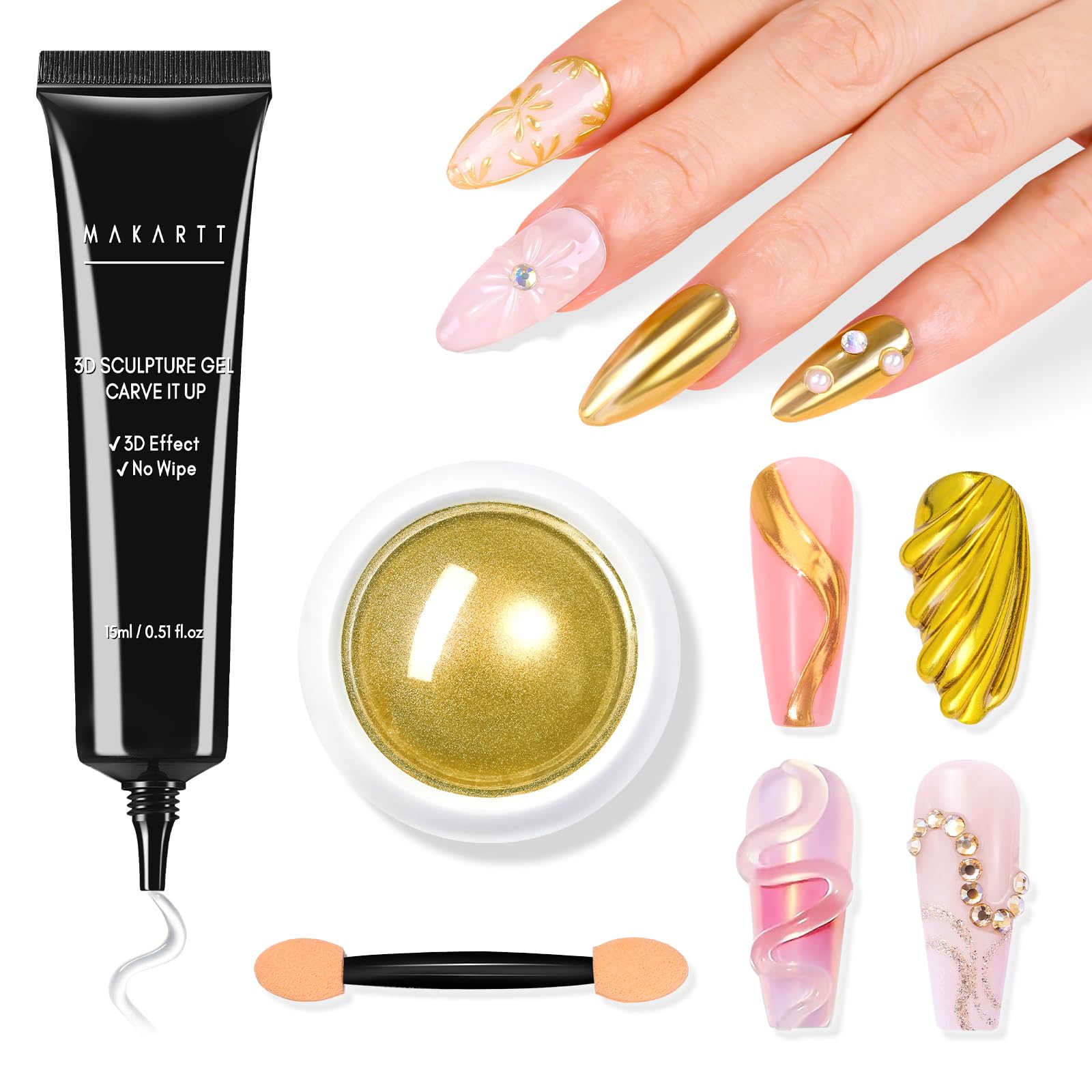 Makartt 3D Gel Nail Art with Gold Chrome Nail Powder Kit: Clear Molding Gel for Nail Art 15g Sculpting Glue Polish and Metallic Effect Mirror Powder Set for Nail Decoration Manicure Charms