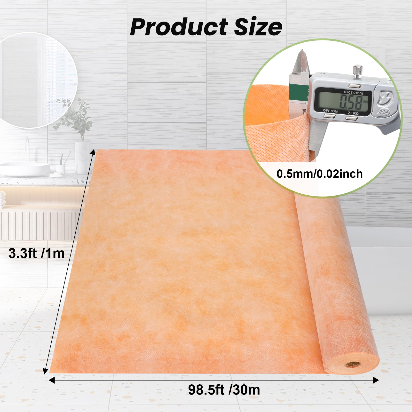 Membrana impermeabilizante para ducha, membrana impermeable de 3.3 pies x 98.5 pies (323 pies cuadrados), 23.6 mil de grosor, adecuada para impermeabilización de baño, impermeabilización de pared de