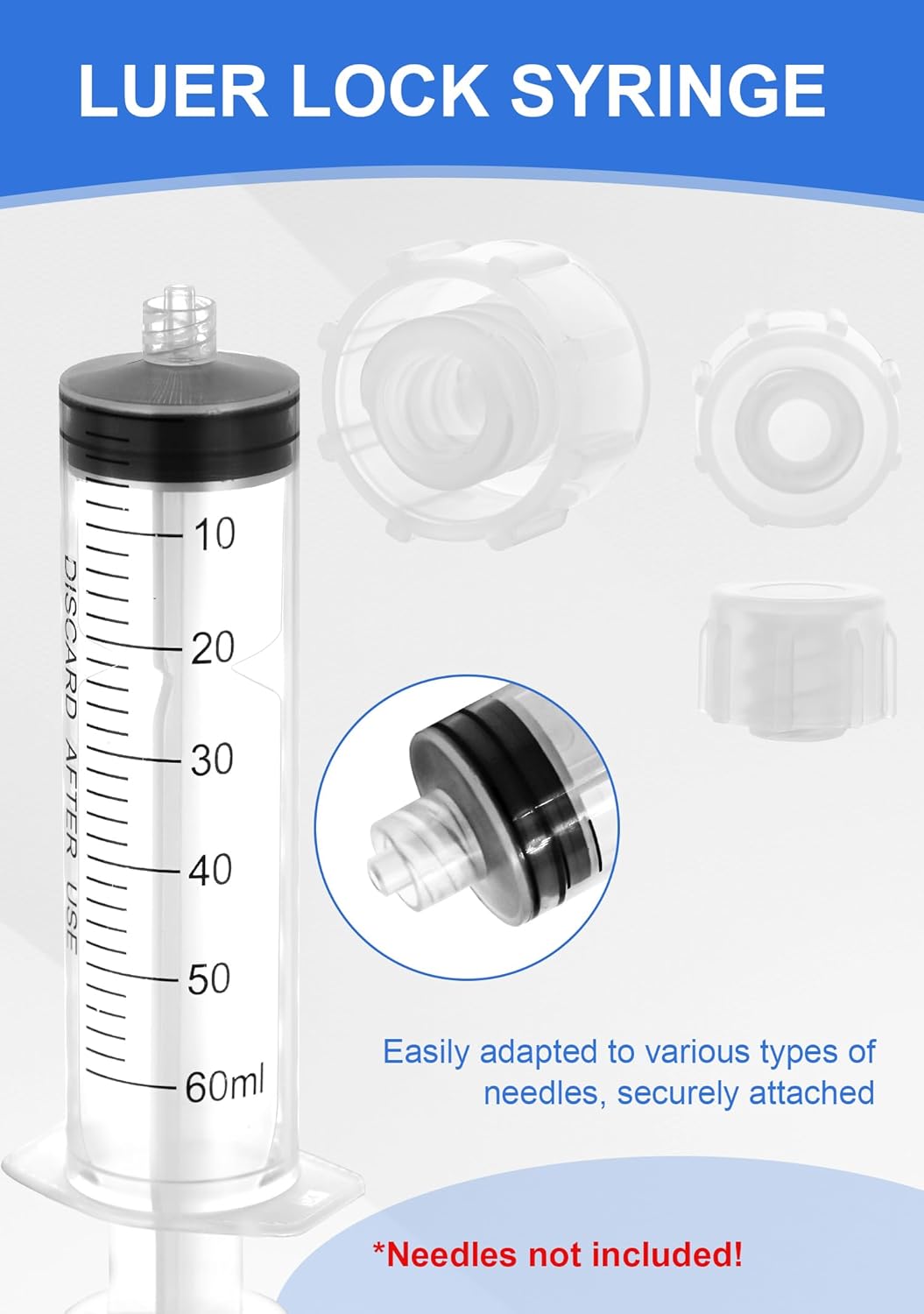 60mL Luer Lock Syringes with Cap - Sterile Syringe Individually Wrapped Without Needle - Leak-Proof Accurate Measurement - 50Pack for Lab Use and Home Care