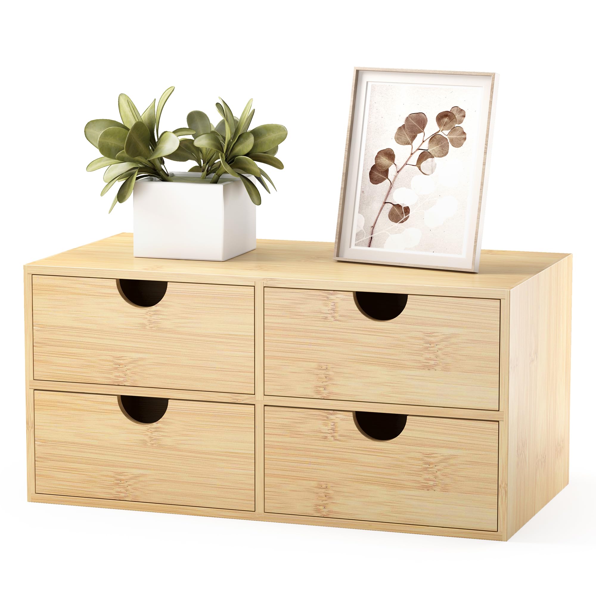 Bamboo Desk Organizer with Drawers - Small Desktop Countertop Mini Tabletop Storage Container - No Assembly Required