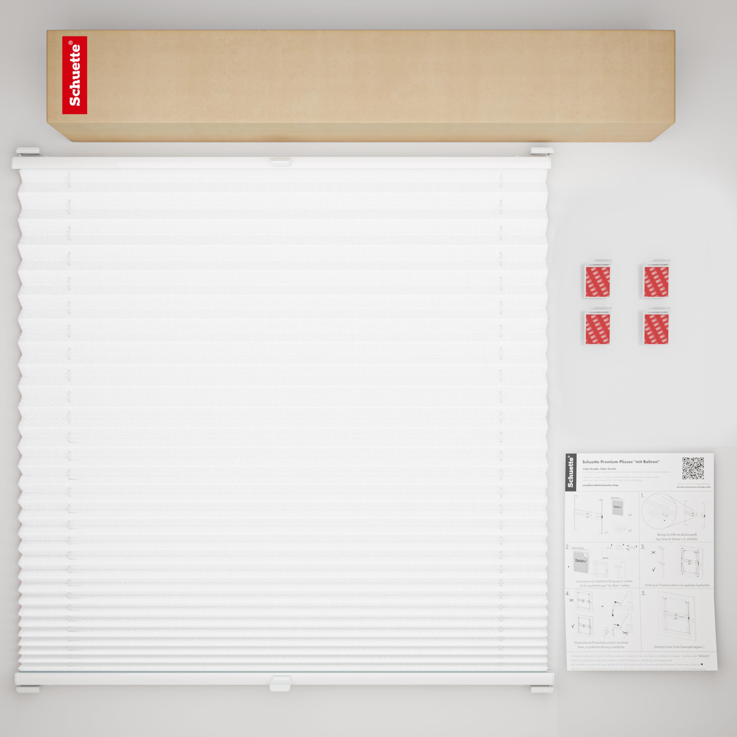 Schuette® Plissee ohne Bohren zum Kleben ● Premium Kollektion: White Day (Weiß) ● 60x80cm (Breite x Höhe) ● Suprafix Klebe- & Schraubhalter 2in1 Set Letsbond ● Bequeme Rollo
