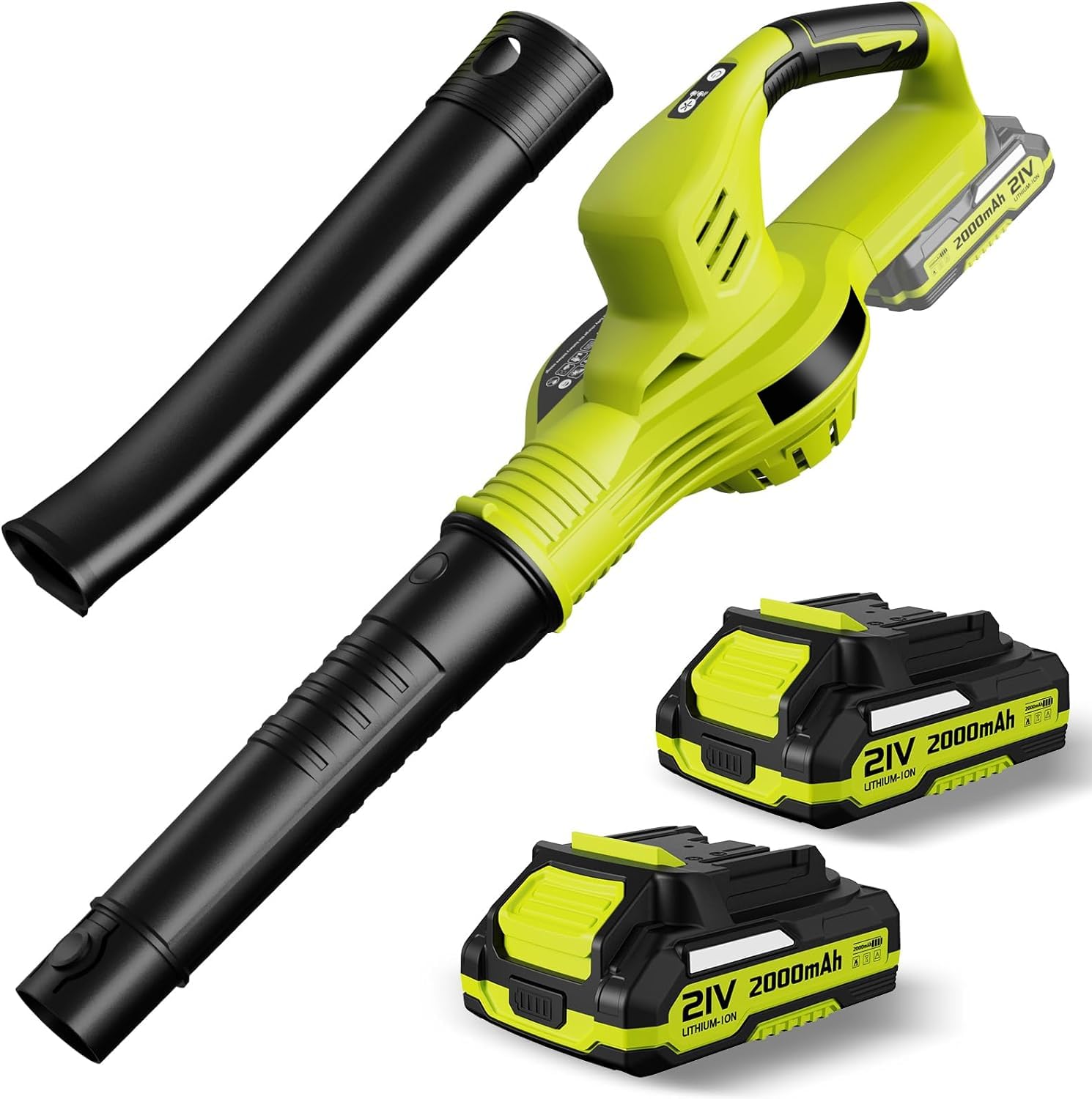 Soffiatore di foglie senza fili 21 V, soffiatore a foglie con batteria 4,0 Ah, 3000 W, 2 modalità di velocità per la manutenzione del prato, soffiaggio della neve e rimozione della polvere (verde)