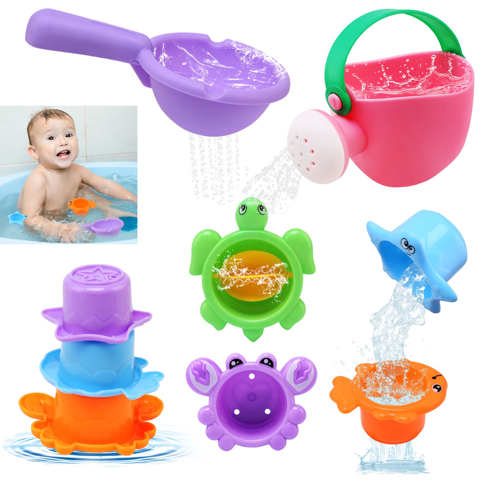 BelleStyle Juguetes Baño Bebe, Juguetes Bañera Niños Niñas 1 2 3 4 Años, Vasos Apilables Regadera Juguetes de Ducha Piscina Playa Juegos de Agua Montessori Juguete Educativo Regalo para Niños