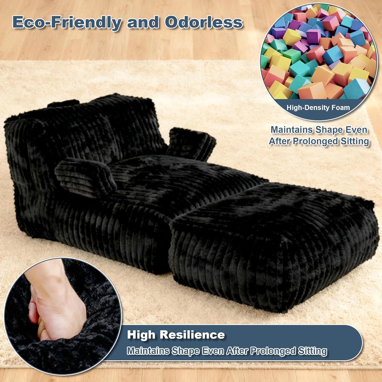 Bean Bag Chair - Large Bean Bag Loungers Chairs for Adults, Teens, and Children.Bean Bag Sofa with Memory Foam Filled and Armrests for Living Rooms, Bedroom, Dorm, or Balcony (Stripe Black)