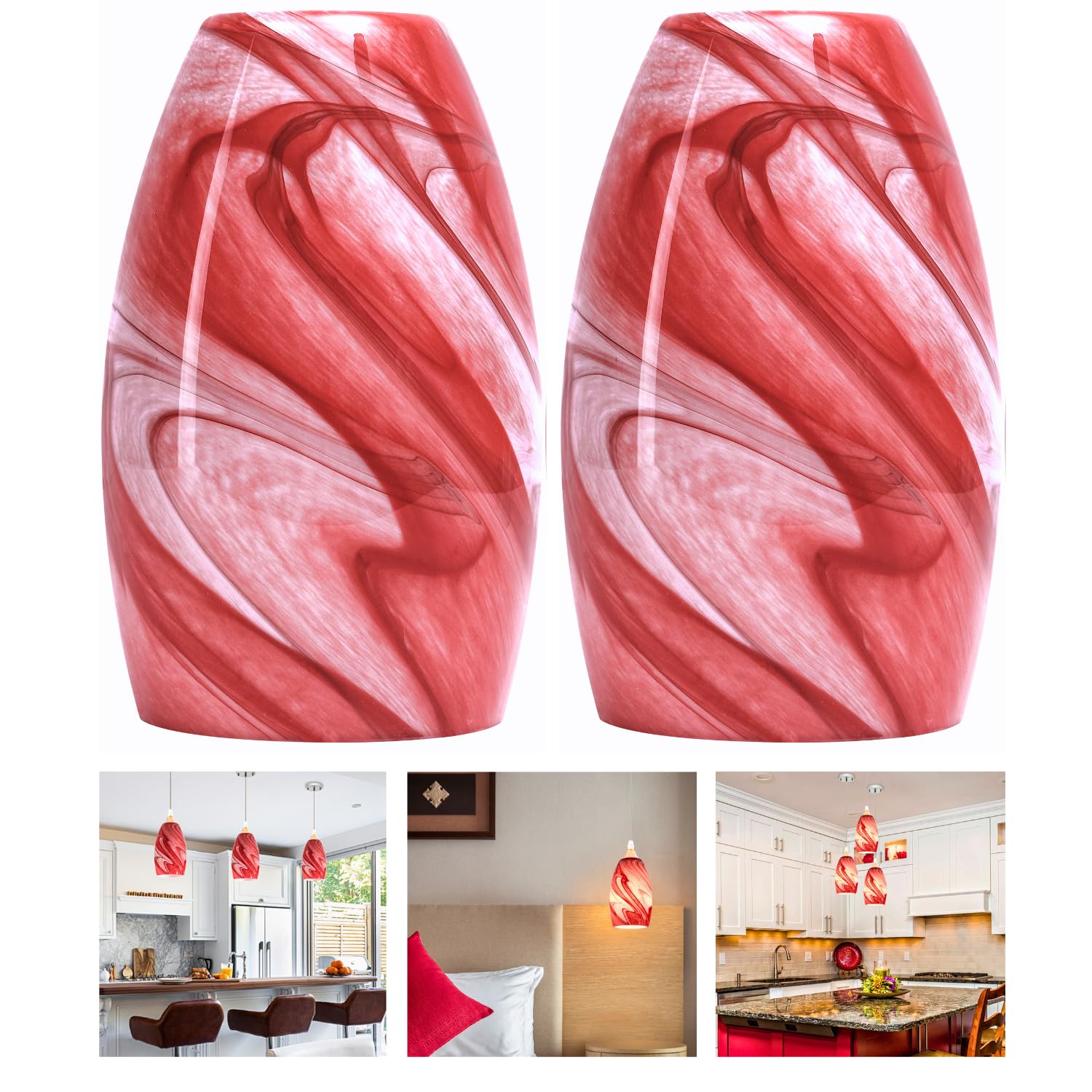 Photo 1 of GO&SO 2-Pack Burgundy White Swirl Glass Pendant Lights Kitchen Island - Hand-Blown Vortex Texture Pendant Lamp Fixtures, E26 Base, 7.8"H Oval Art Fixtures, 1.57" Fitter,Mini Chandelier Replacement Set