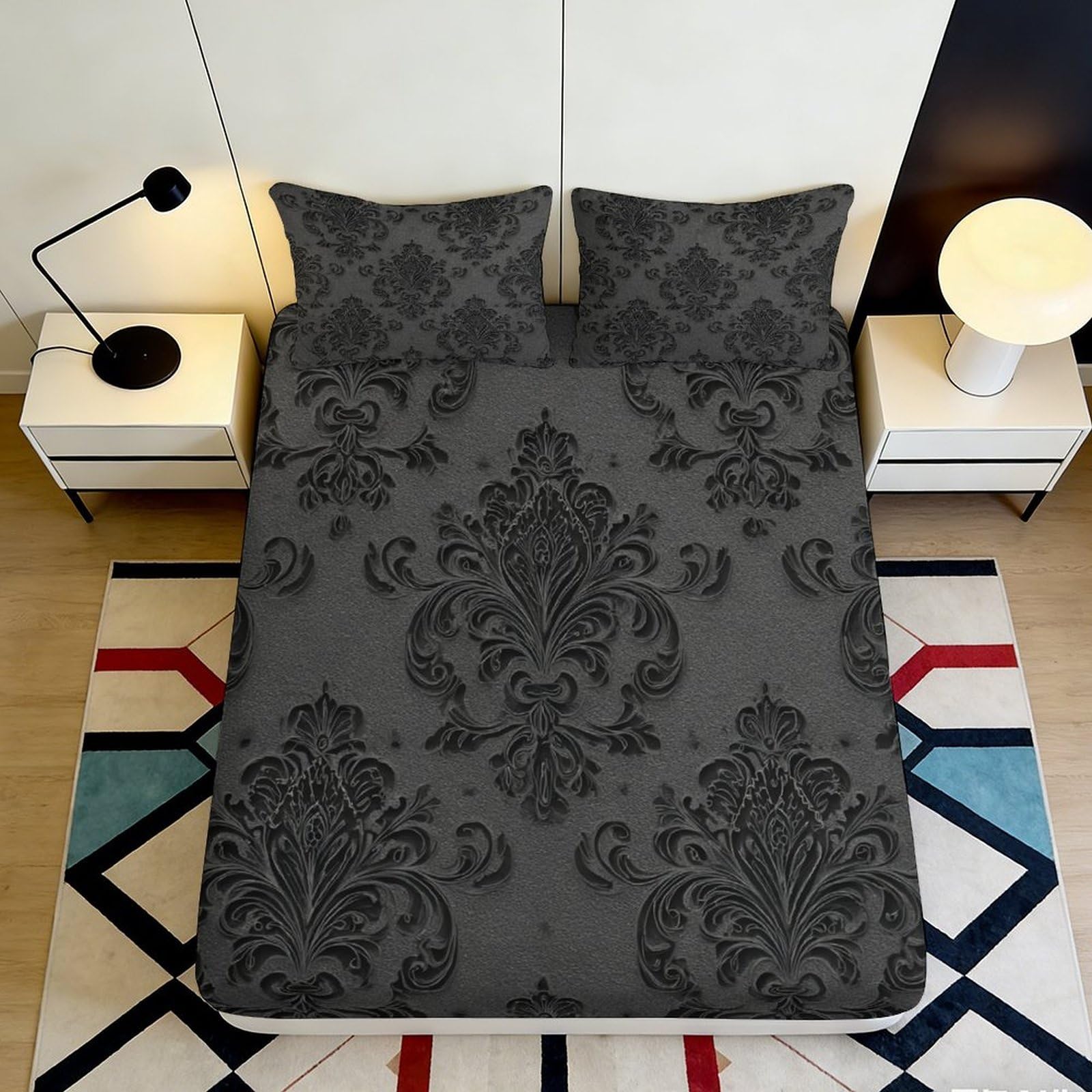 3D Printed Baroque Damask Fitted Sheet Microfiber Soft Black Victorian Pattern Mattress Cover for Bedroom Guest Room 90x200x25cm