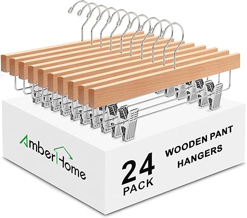 Miniatura 7 de Amber Home Paquete de 10 ganchos de madera natural ganchos de madera maciza para colgar en la parte inferior para pantalones jeans pantalones cortos