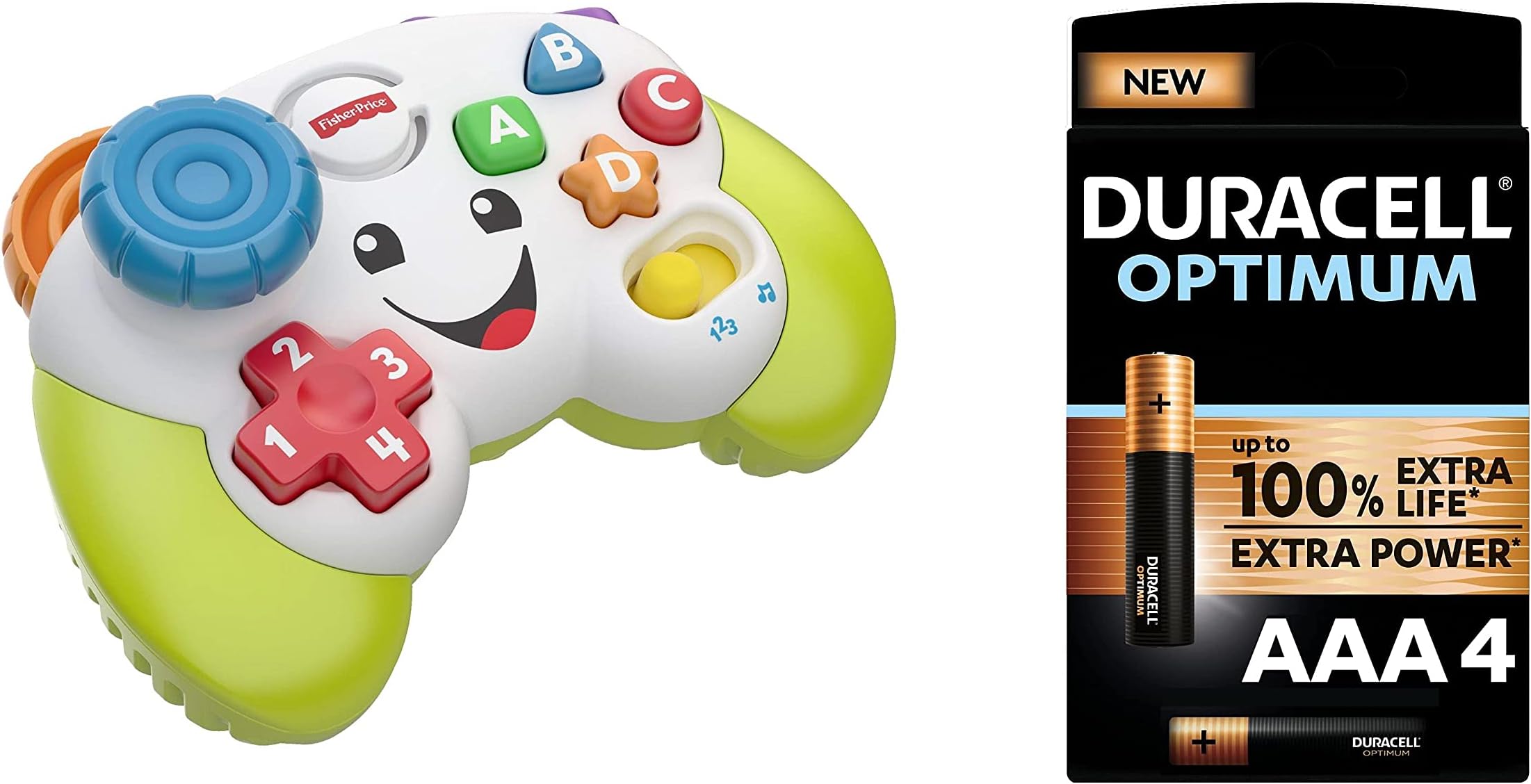 Fisher-PriceFWG12 Game and Learn Controller, Teaching First Words, Letters, Numbers, Colours and Shapes with Songs and Sounds, Duracell Optimum AAA Alkaline Batteries [Pack of 4], 1.5 V LR03 MN2400