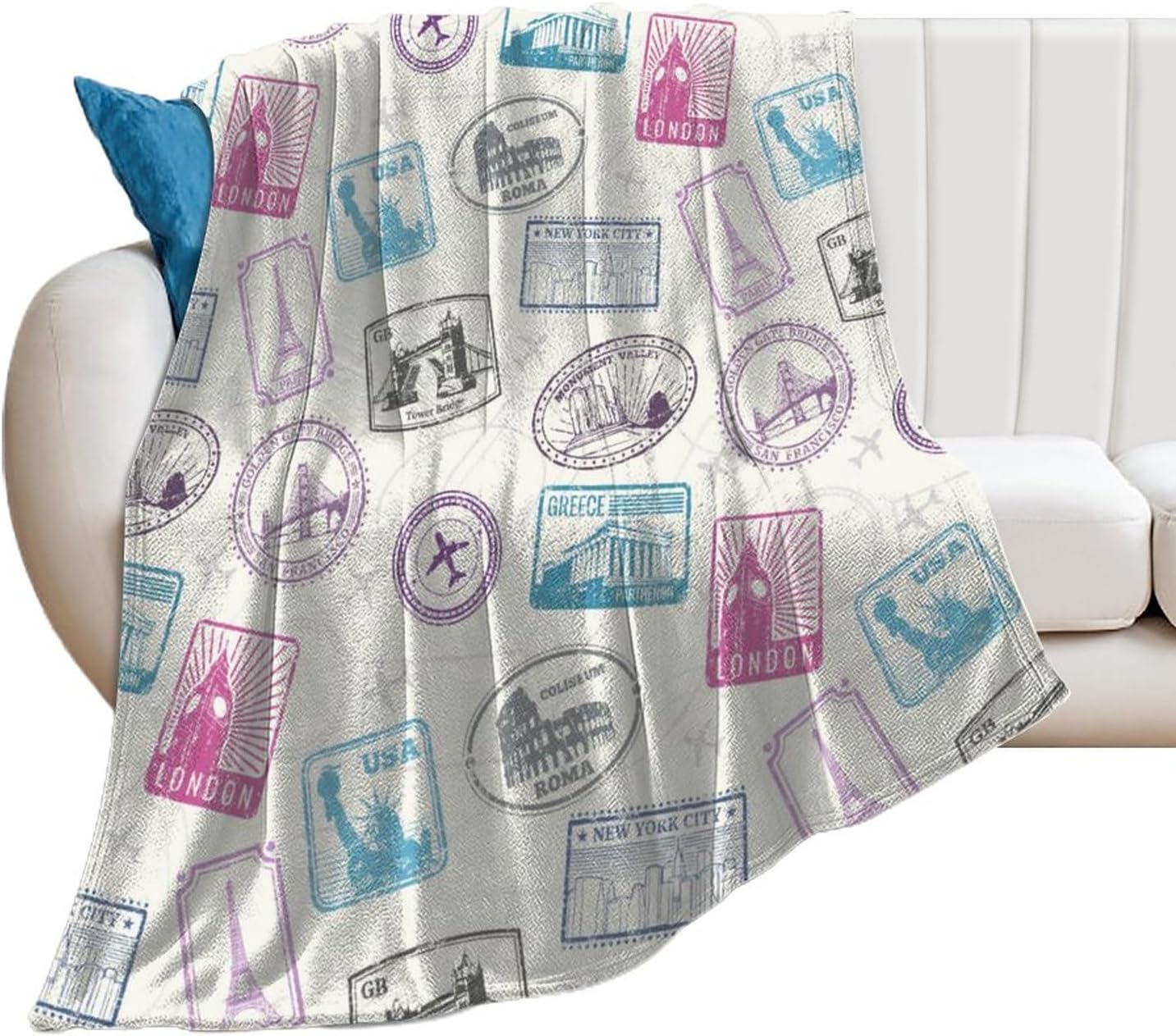 Famous-World-Monuments-Pattern Flannel Throw Blankets, Decorative Plush Blanket All Season, Bed Blanket for Bedding Sofa and Travel.