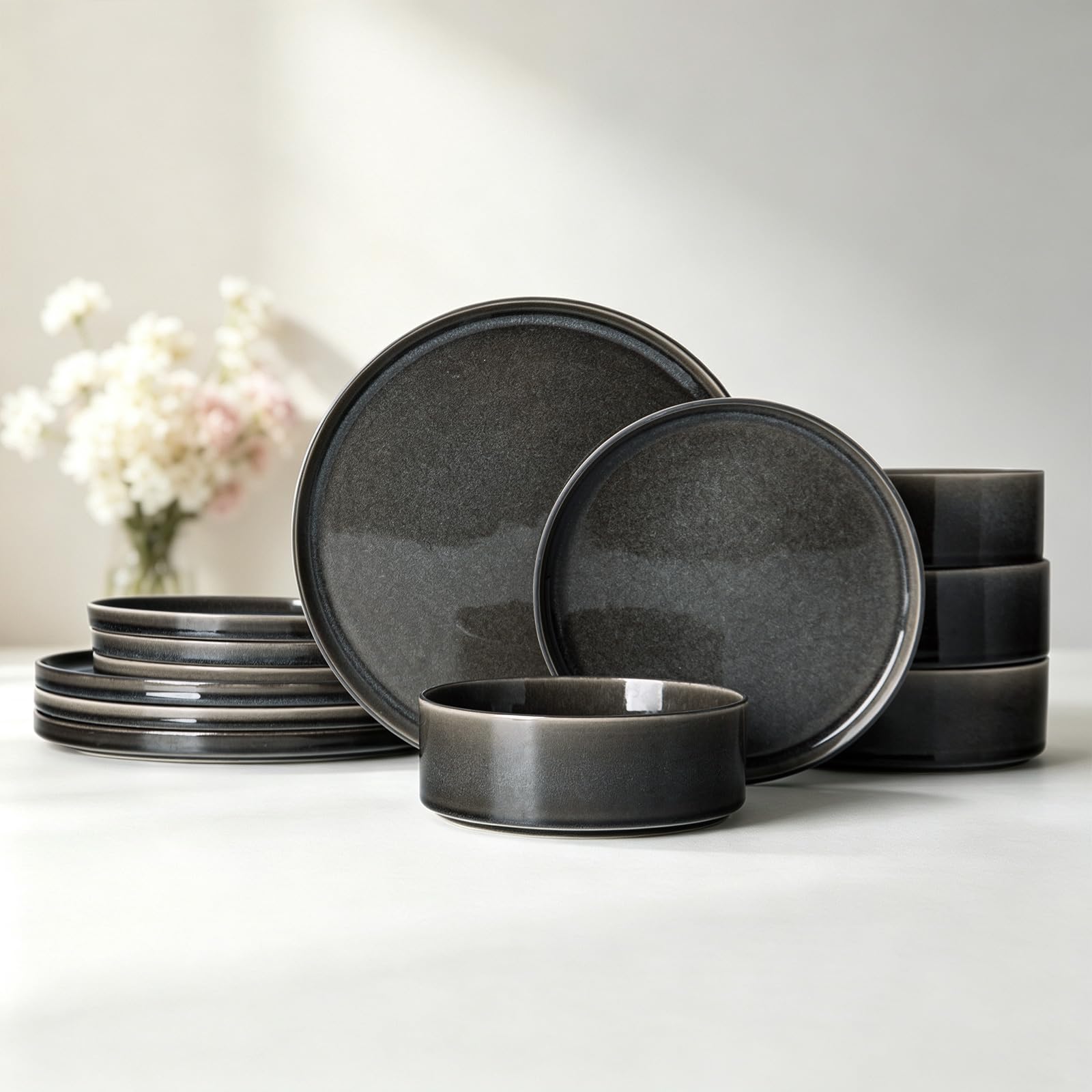 Dinnerware Sets for 4, 12 pcs Reactive Glaze Plates and Bowls Sets, Black