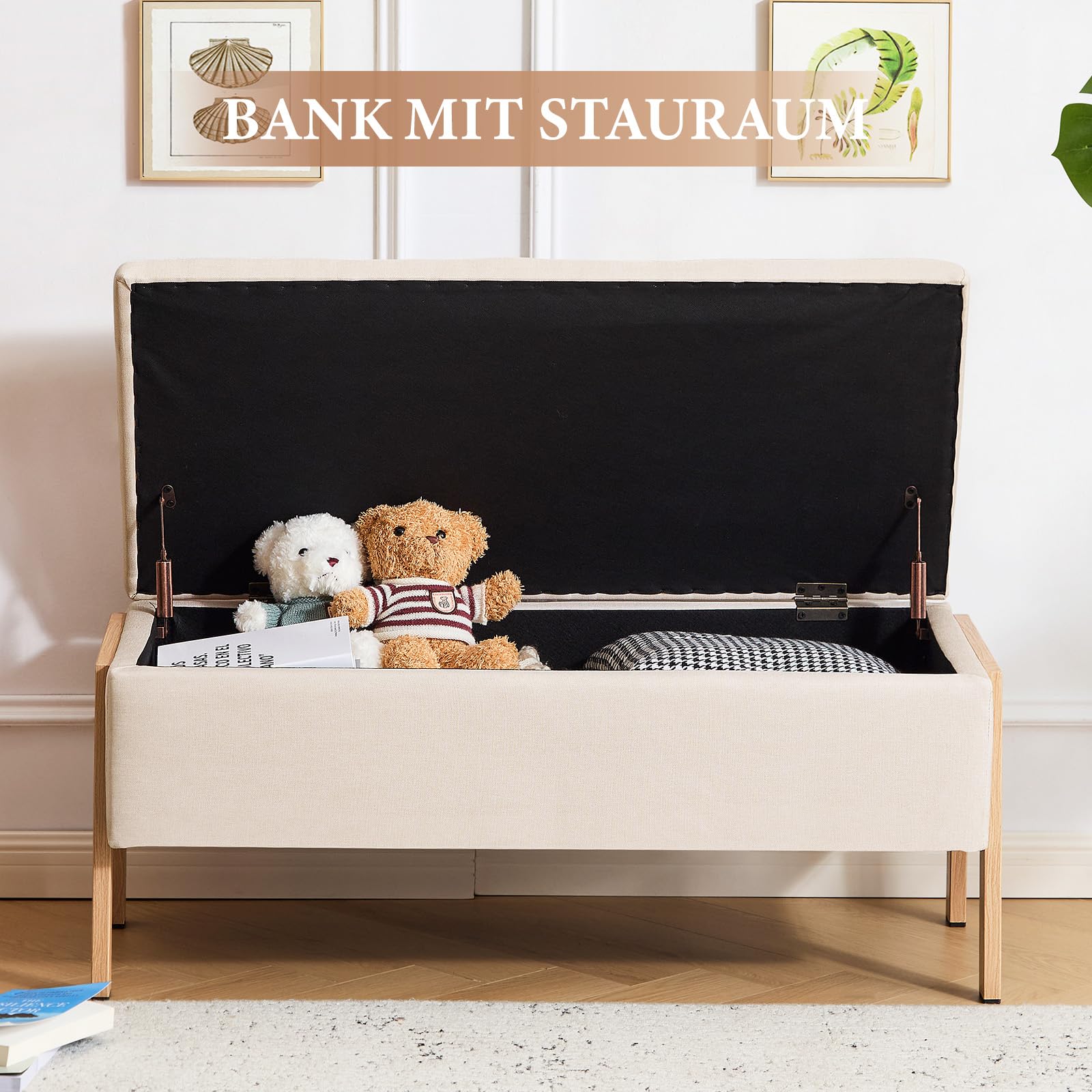 Sitzbank mit Stauraum 98cm, Sitzbank mit Beinen, Rechteckig, Aufbewahrungsbox, bis 300 kg belastbar, Gepolstert, mit Stauraum, Schlafzimmer, Flur, Polsterhocker, Leinen, Beige