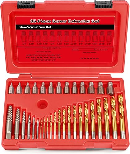Juego de 35 extractores de tornillos, 37 # Cr-Mo y 6542 # Broca inversa de mano izquierda, kit de extracción de tornillos Allen multilínea fácil de