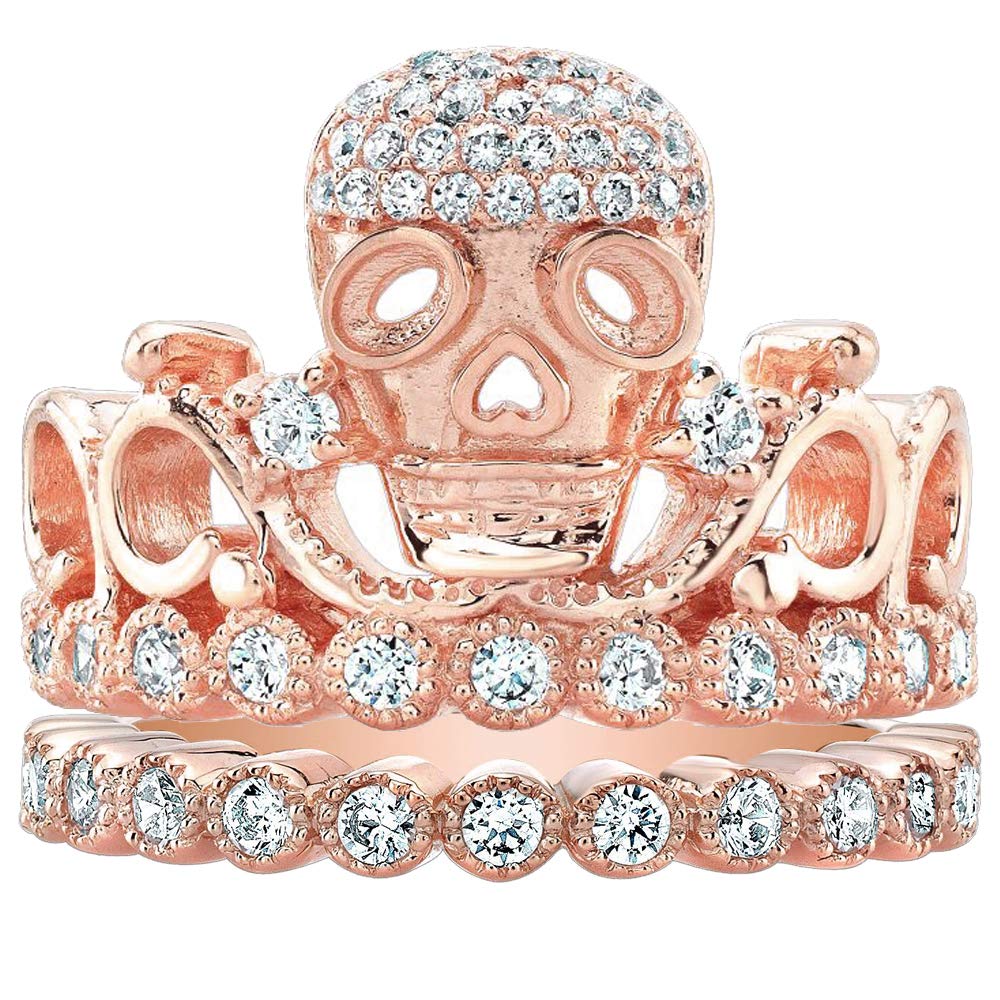 Guliette VeronaSterling Silver CZ Skull Crown Ring and Band Set (Rose Gold Plated)